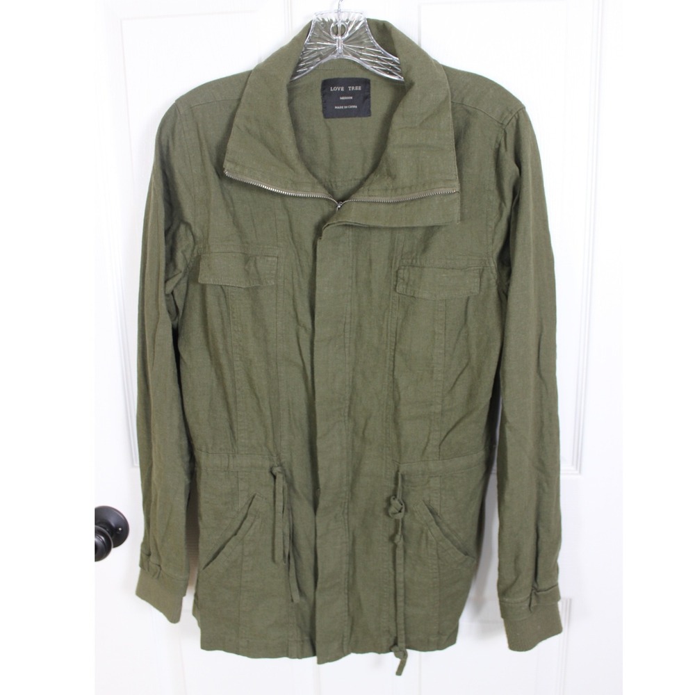 Love Tree Women's Utility Anorak Jacket Green Medium Full Zip Linen Blend